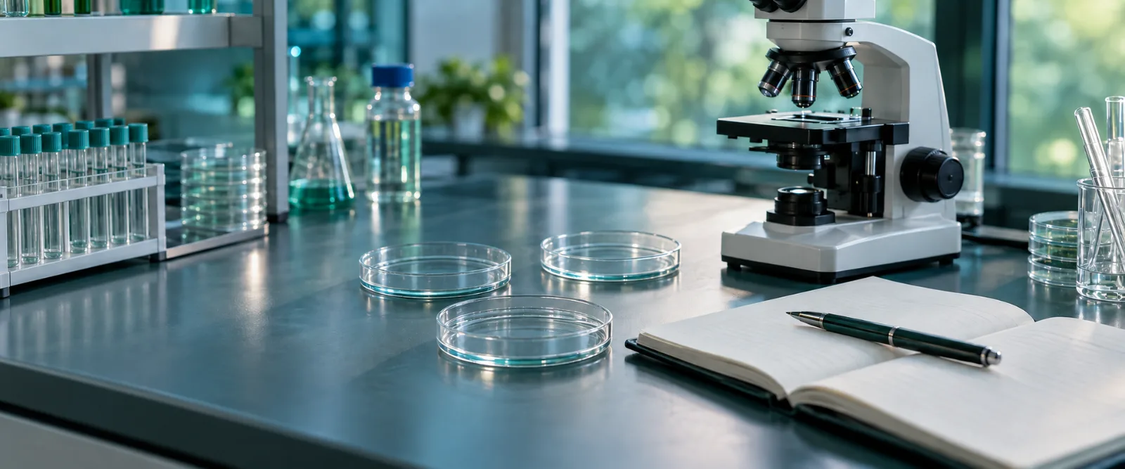 Microscope, empty petri dishes and notebook on a green-blue laboratory bench