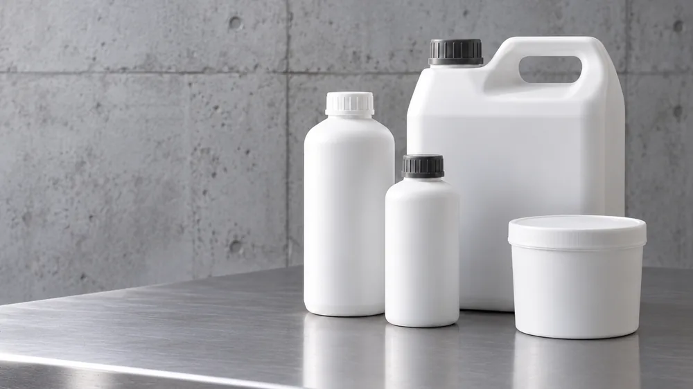 Opaque white bottles, a jerrycan and a tub without labels on a work surface